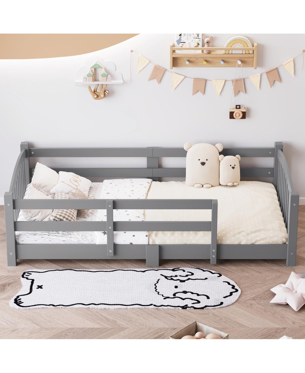 Streamdale Furniture Montessori Floor Bed with Slats, Guardrails, and Fence