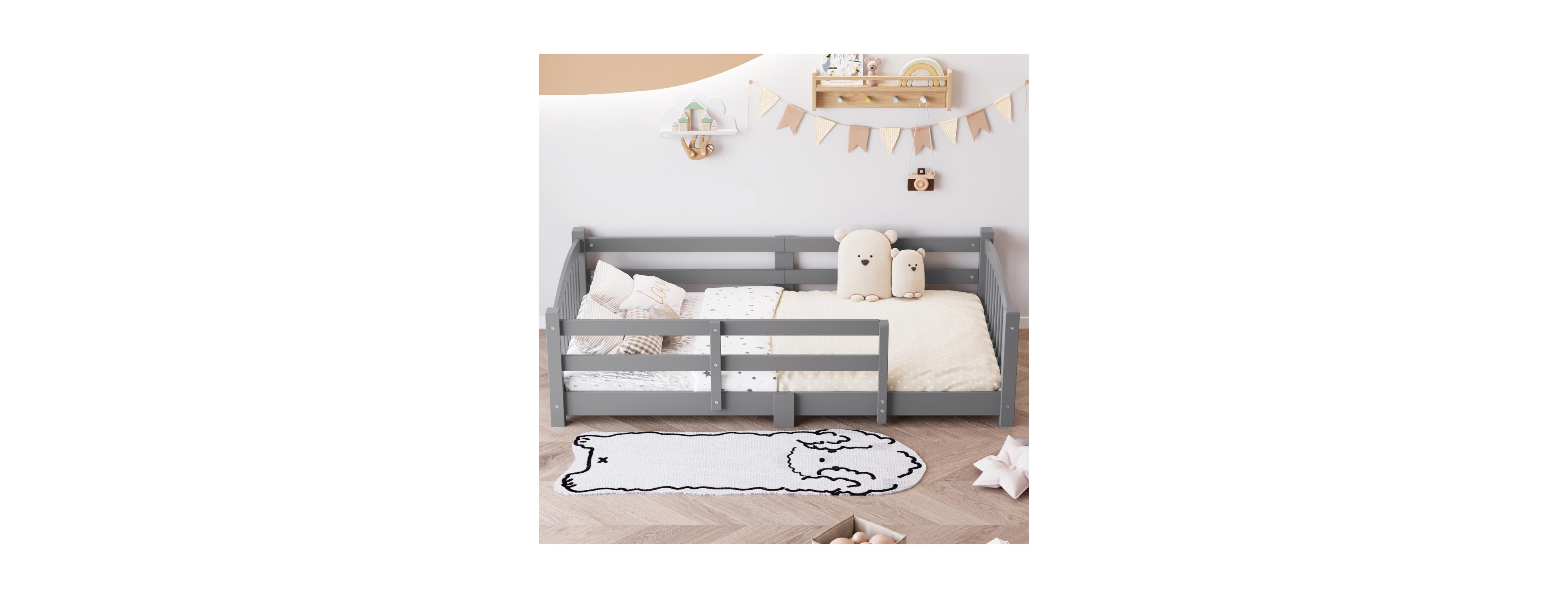 Streamdale Furniture Montessori Floor Bed with Slats, Guardrails, and Fence