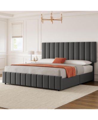 White Queen PU Leather Upholstered Bed Frame with 4 Storage Drawers, Adjustable Headboard, Sturdy Wooden Slats