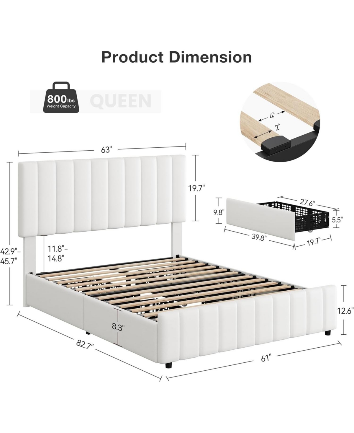 gaomon White Queen Pu Leather Upholstered Bed Frame with 4 Storage Drawers, Adjustable Headboard