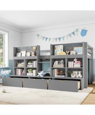 Loft Bed with Multi-Storage Shelves & Curtain, Chalkboard