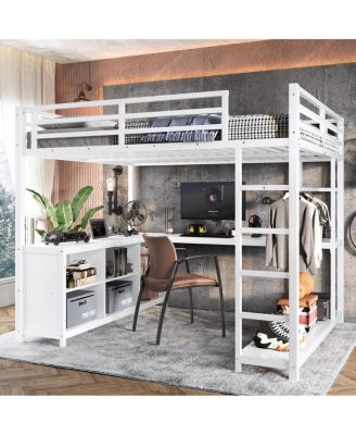  Metal Loft Bed with Wardrobe, L-shaped Desk & Storage