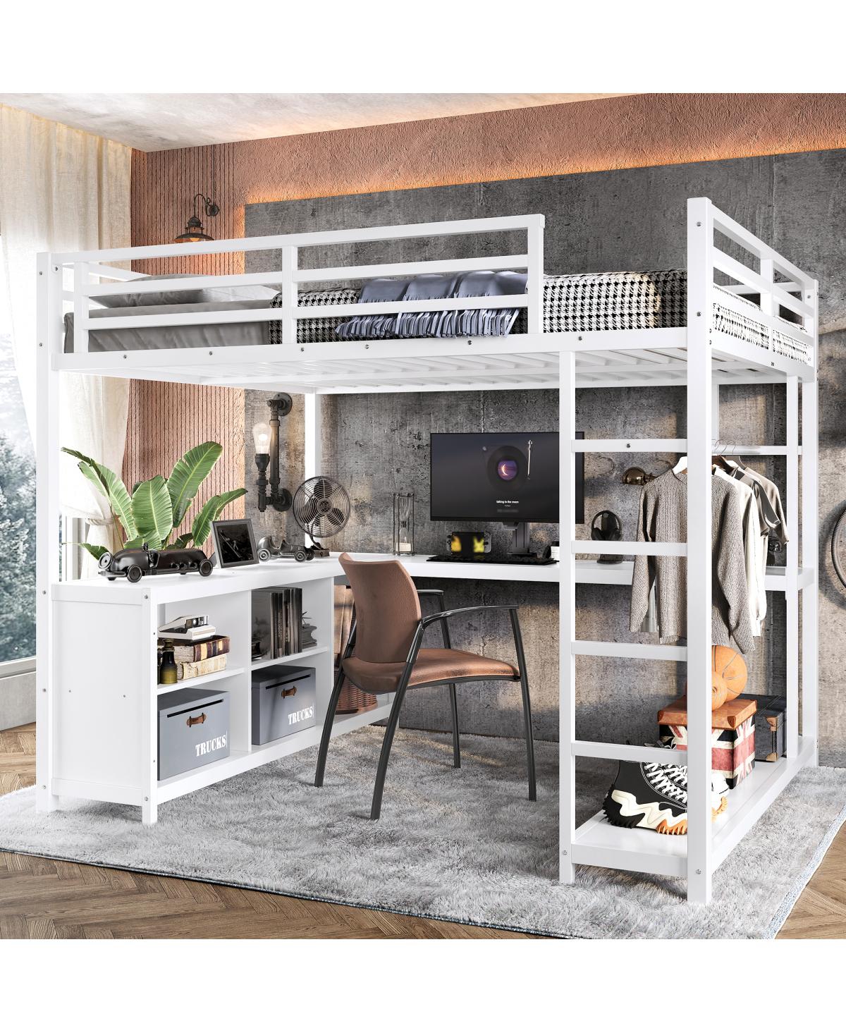 Streamdale Furniture Metal Loft Bed with Wardrobe, L-shaped Desk & Storage