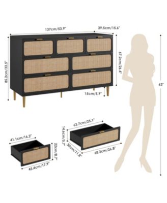 Rattan 7 Drawer Dressers for Bedroom, Tall Dresser with Deep Drawers, Large Chest of Drawers for Closet with Wide Top, Long Wooden Dresser