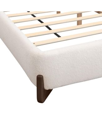 Elegant white queen upholstered bed with dark brown solid wood legs