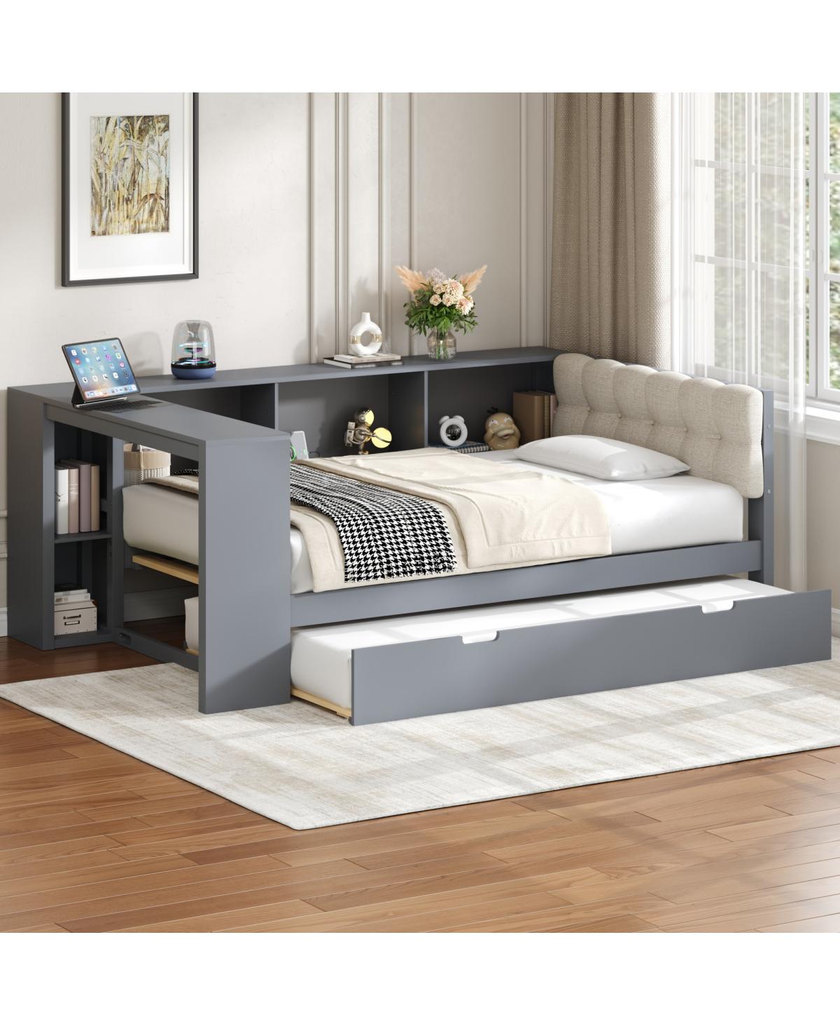 Streamdale Furniture Wood Twin Platform Bed w/Storage, Trundle, Charging Station