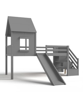 Twin Loft Bed with Storage, Desk, Slide & Stairs