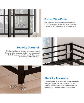 Twin Over Twin Metal Bunk Bed with Guard Rails & Ladder, Space-Saving