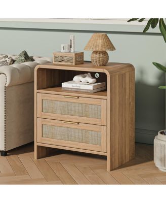 Rattan Nightstand with Charging Station, 2 Drawers, 22.8" Wide Bedside Table