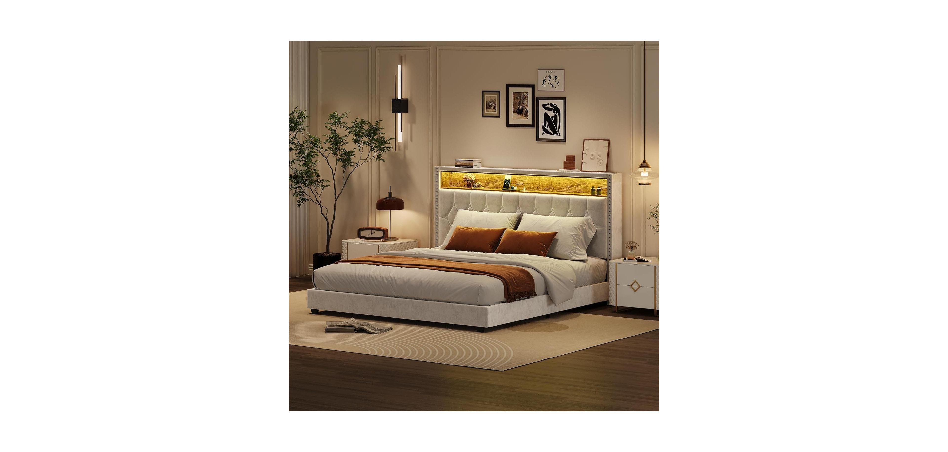 gaomon Upholstered Bed Frame with Headboard and Led Lights, Charging Station
