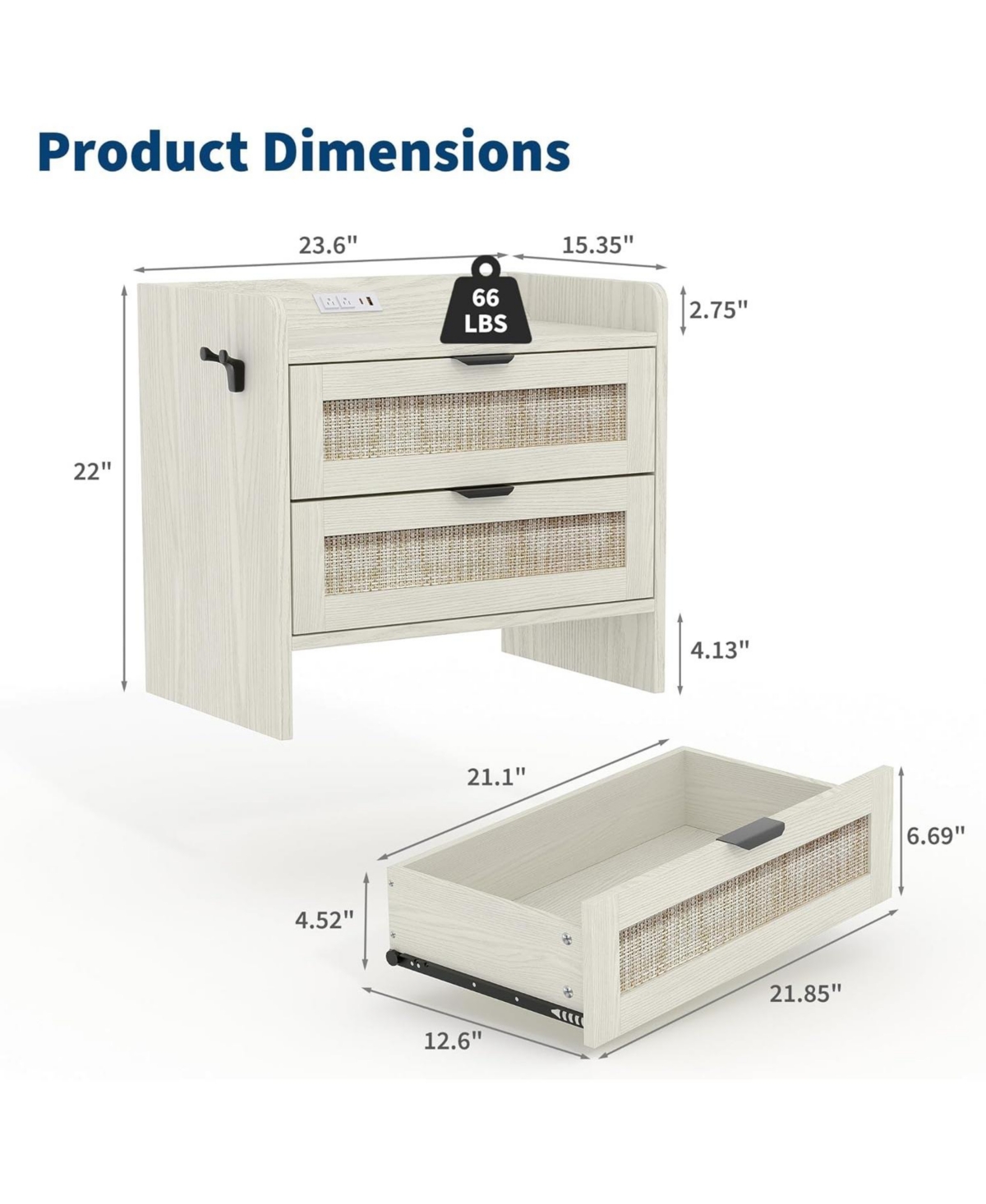 gaomon Rattan Bedside Table Nightstand, 2 Drawer, 1 Pcs Bedside Cabinet, Bedroom Organizer and Storage Cabinet