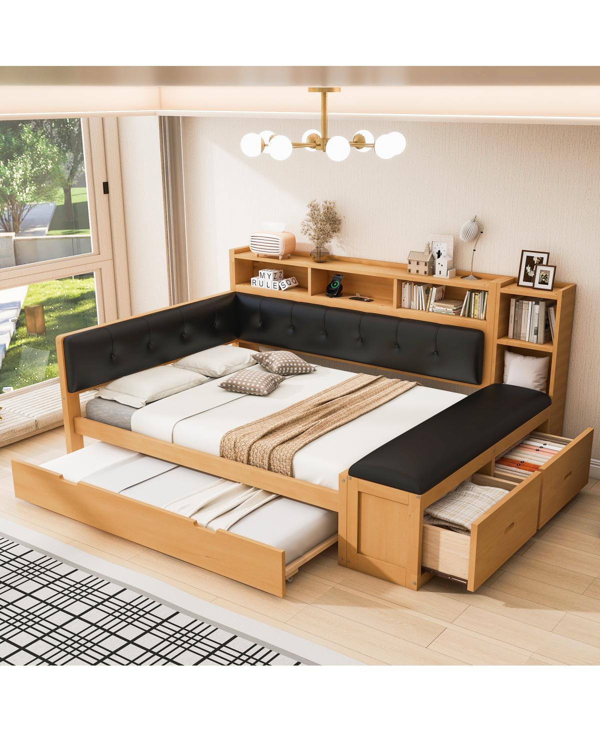 Streamdale Furniture Full Size Wood Daybed with Trundle, Storage, Charging Station