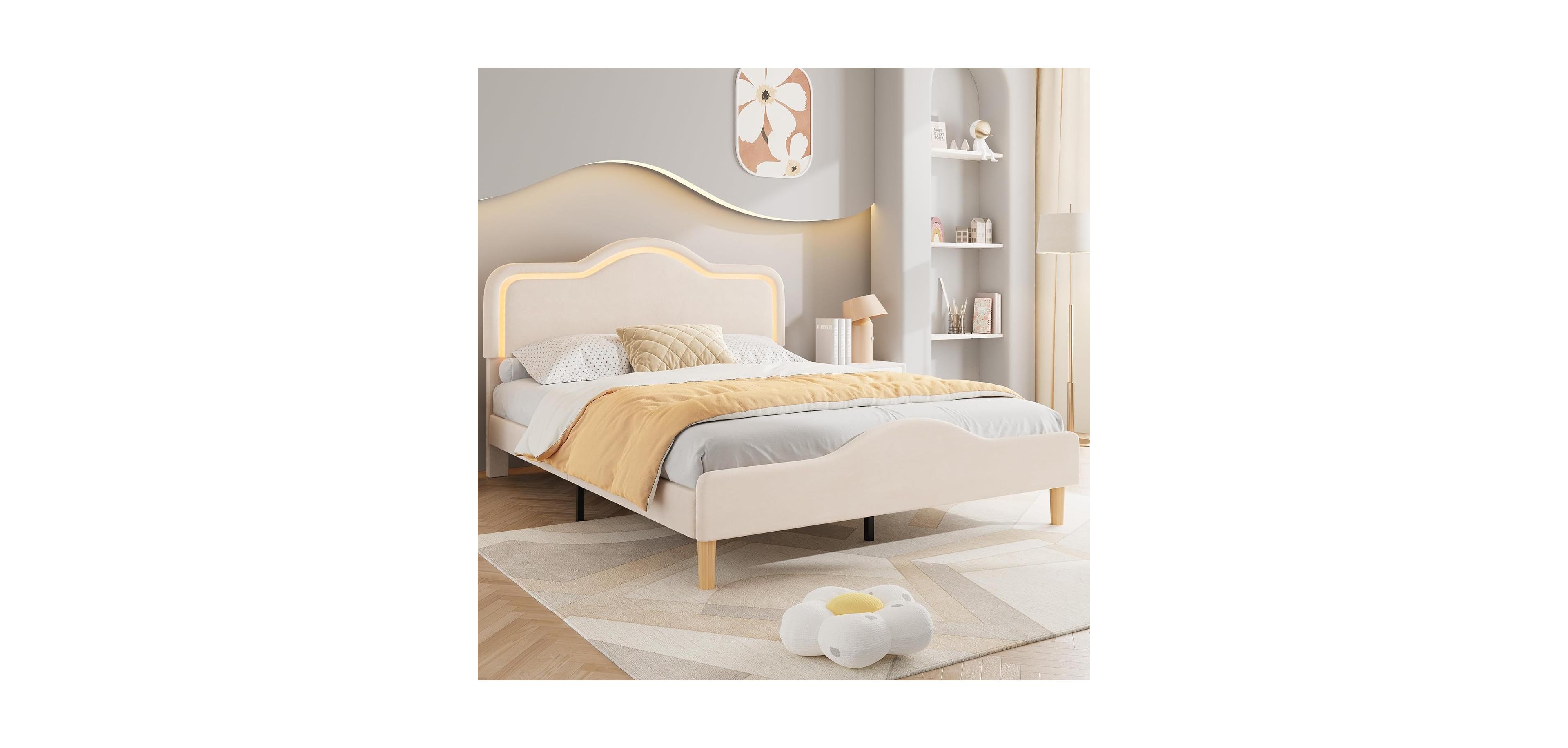 gaomon Upholstered Led Bed Frame with Adjustable Headboard and Footboard, Velvet Princess Platform Bedframe for Kids/Girls, Wooden Slats Support