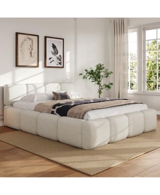 Queen Size Boucle Platform Bed with Thick Headboard and Footboard