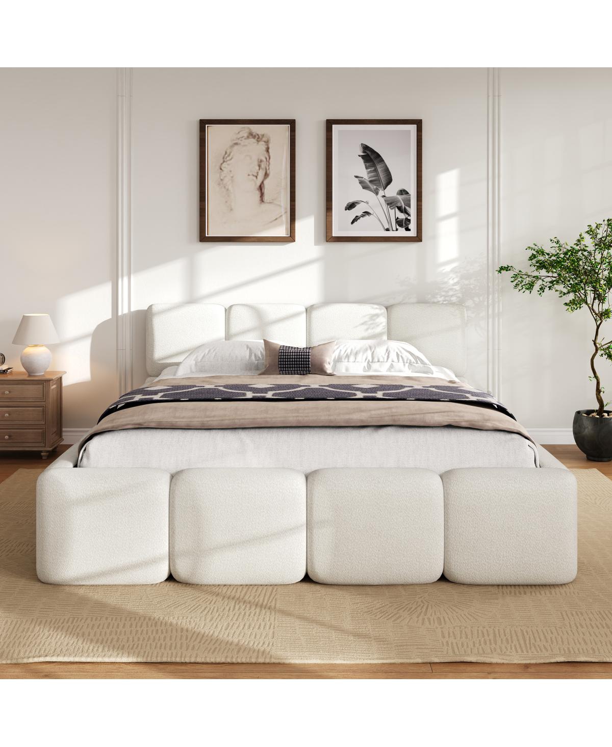 Streamdale Furniture Queen Size Boucle Platform Bed with Thick Headboard and Footboard