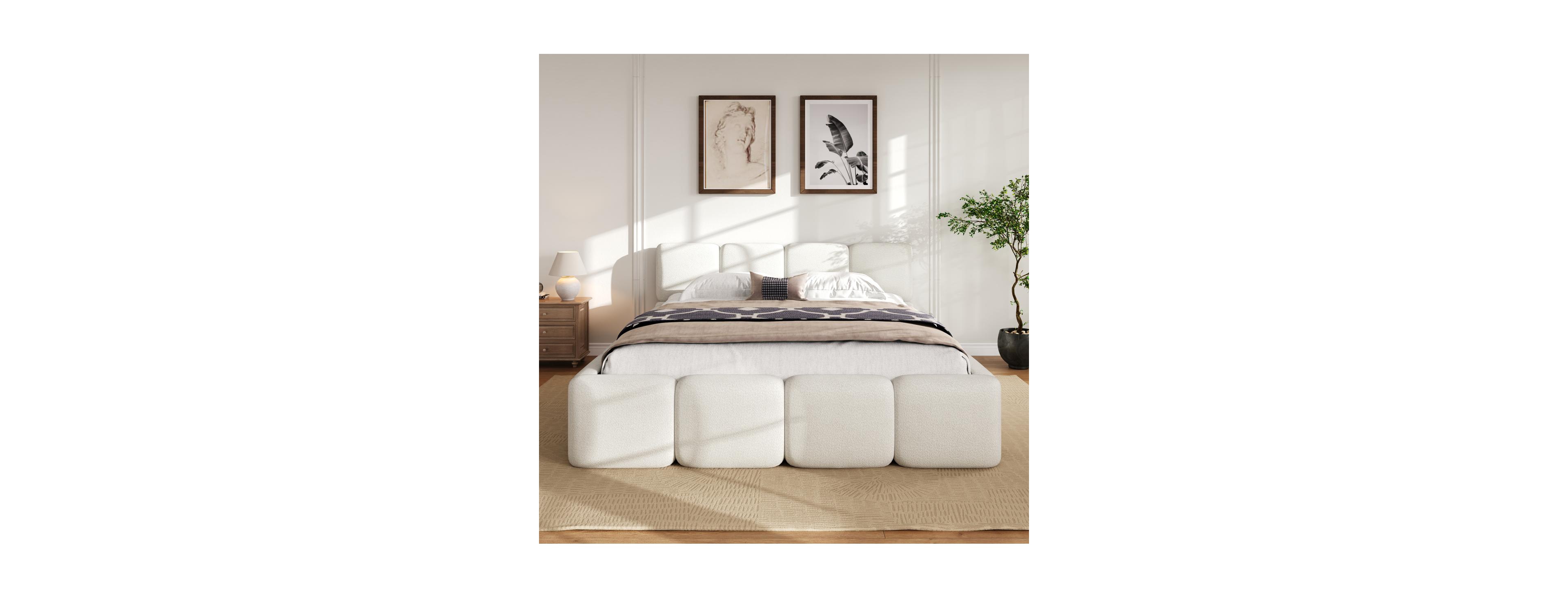 Streamdale Furniture Queen Size Boucle Platform Bed with Thick Headboard and Footboard