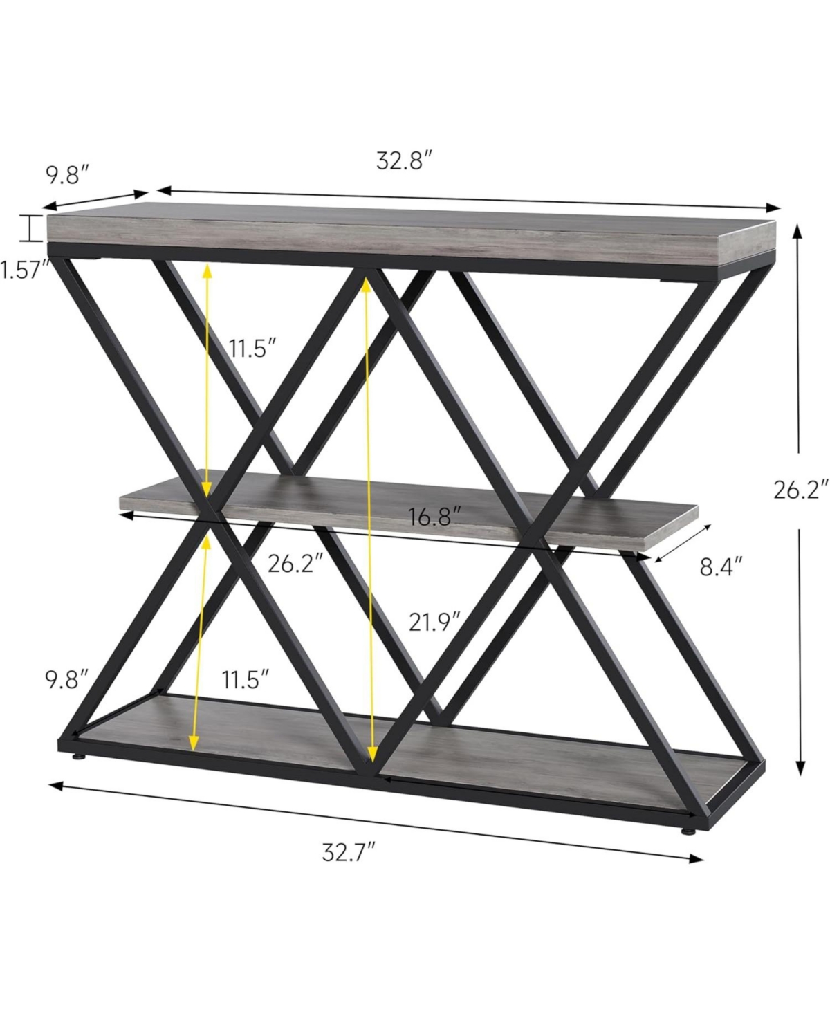 gaomon 3-Tier Industrial Entryway Table with x-Shaped Metal Frame, Open Shelf Console Sofa for Living Room, Hallway