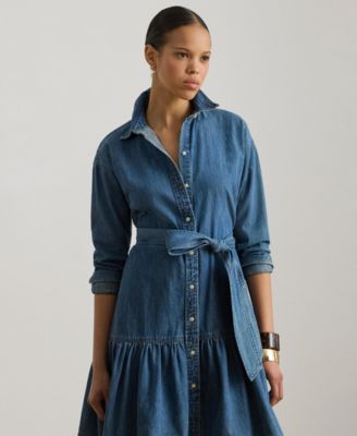 Women's Long-Sleeve Belted Tiered Collared Denim Shirt Dress