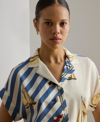 Women's Striped Sailboat-Print Collared Camp Shirt