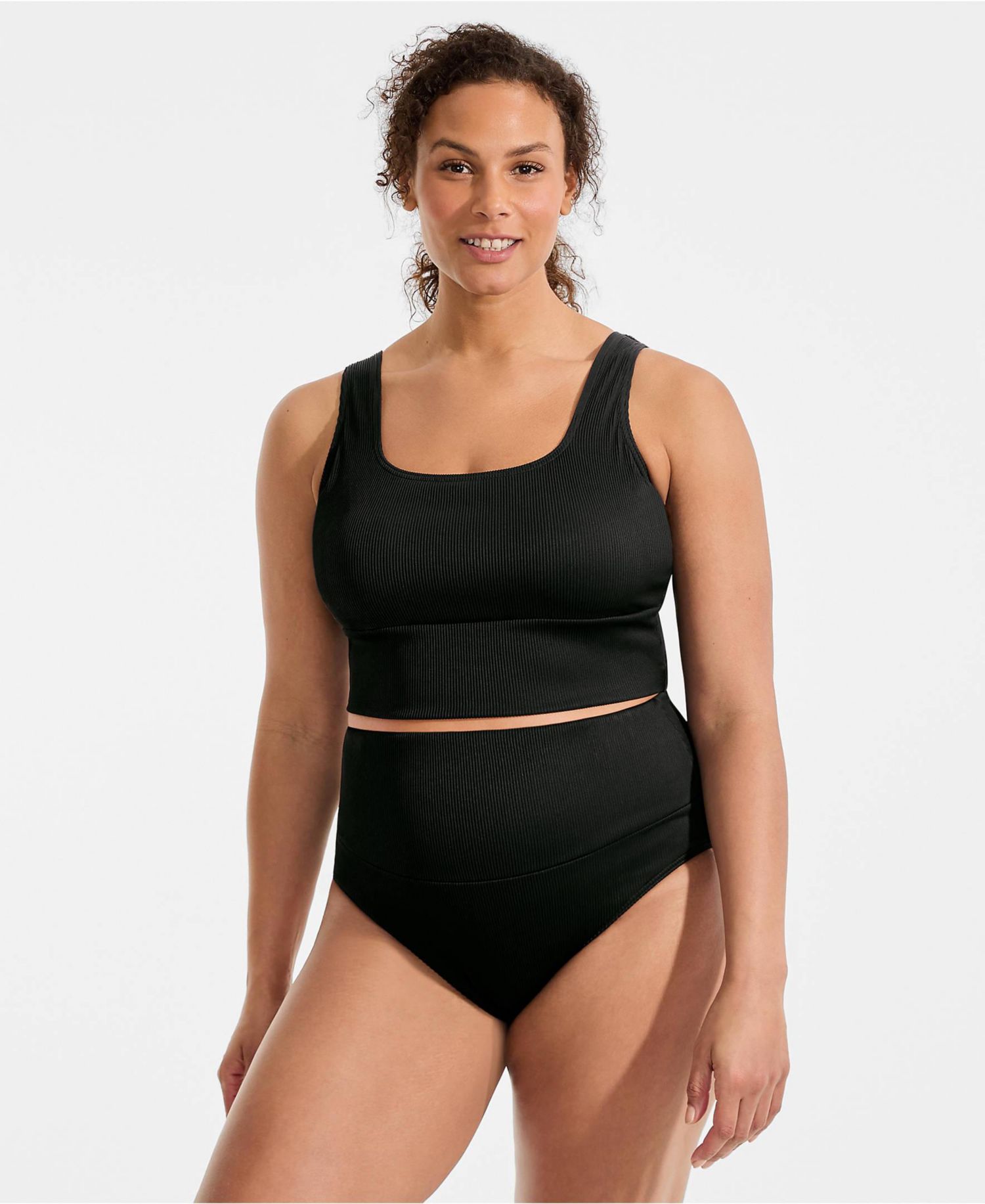 Plus Size Tugless Ribbed Midkini and High Waisted Bottom Swimsuit Set