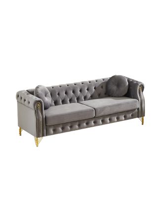 Streamdale Velvet Chesterfield Sofa with Pillows & Studs, Metal Legs