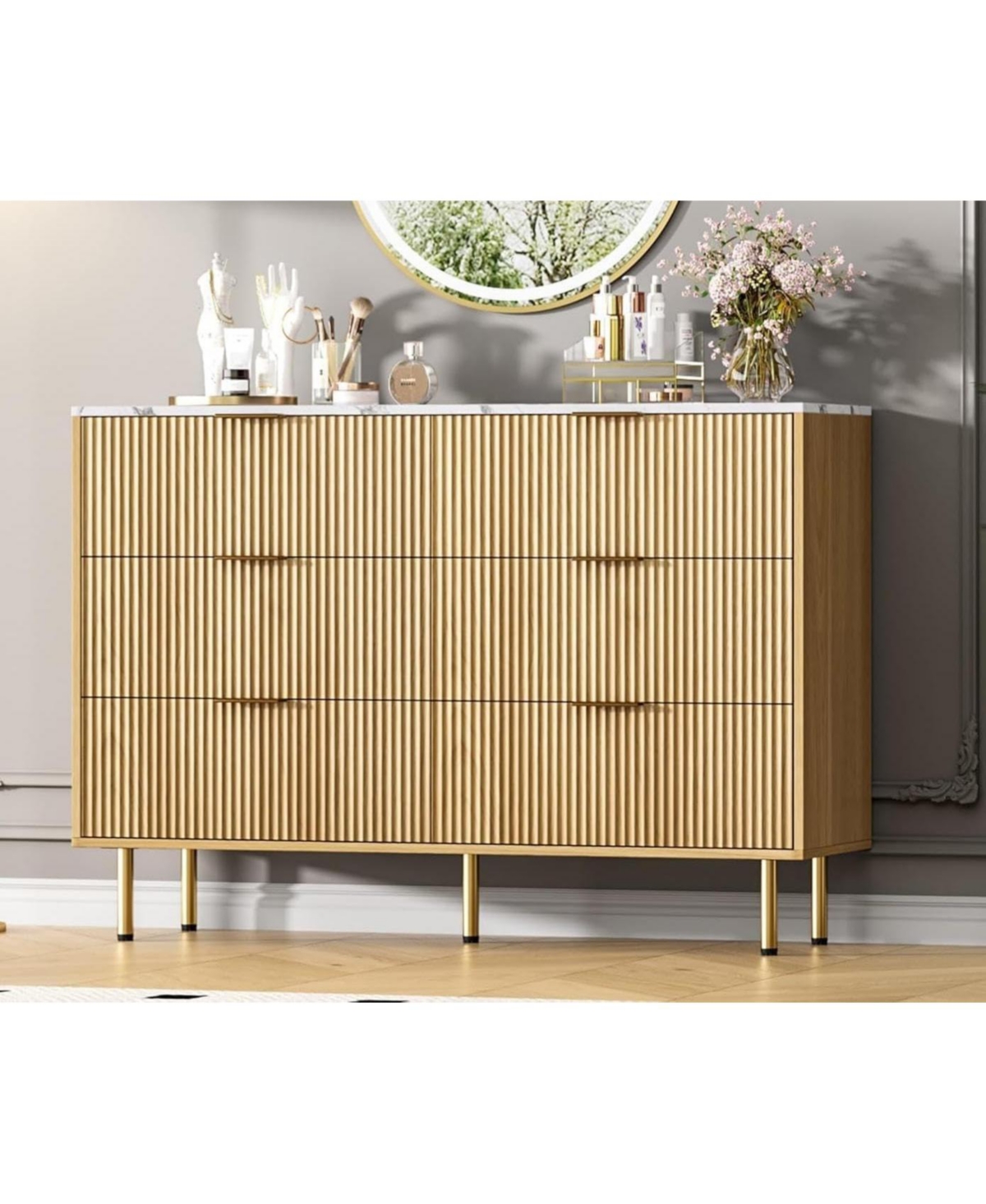 gaomon 6 Drawer Dresser for Bedroom Chest of Drawers, 47" Wide Fluted Dresser with Drawers, Modern Wooden Double Dressers for Living Room