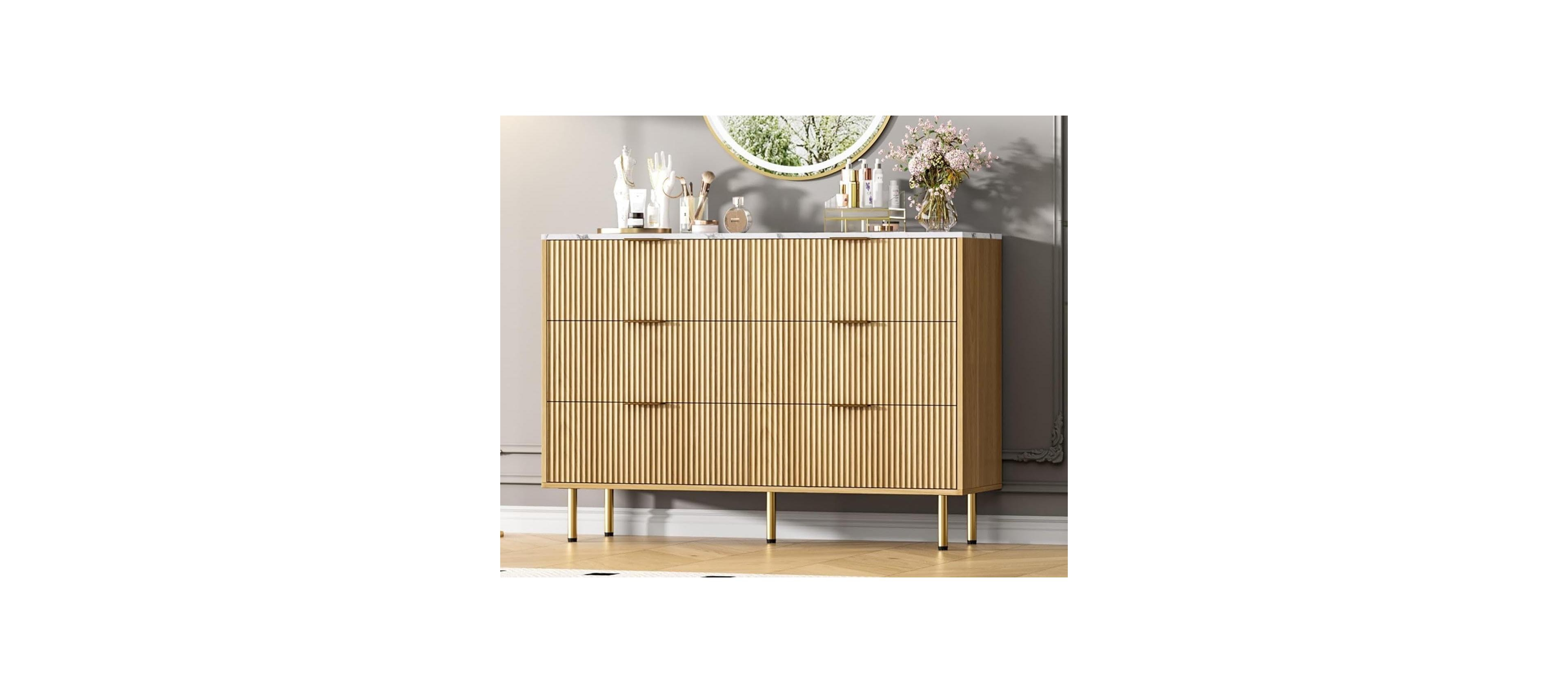 gaomon 6 Drawer Dresser for Bedroom Chest of Drawers, 47" Wide Fluted Dresser with Drawers, Modern Wooden Double Dressers for Living Room
