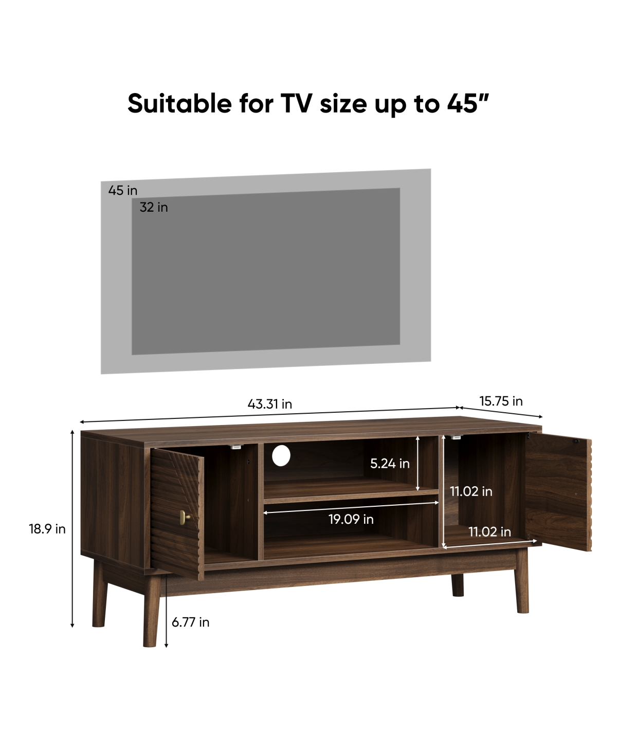 Streamdale Furniture Mid-Century Modern Walnut Tv Stand for Living Room & Bedroom