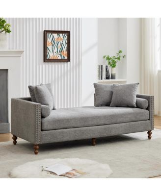 75.2" Wide Upholstered Chaise Lounge with Nailheads & 4 Pillows