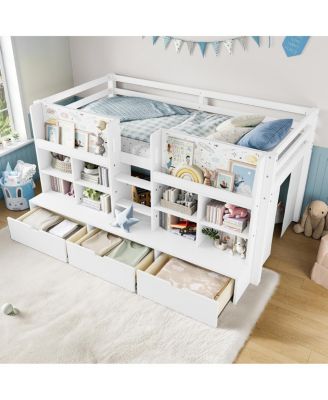 Twin Loft Bed with Multi-Storage Shelves, Curtain & Chalkboard