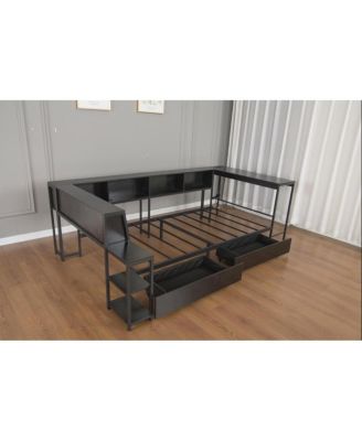 Streamdale Corner Bed Frame Full Size with Bookcase, LED, Charging Station, Black