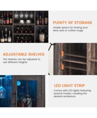 Wine Bar Cabinet with LED Light and Detachable Rack Wine Cabinet with Mesh Door Liquor Cabinet with Glass Holder Coffee Bar for Liquor