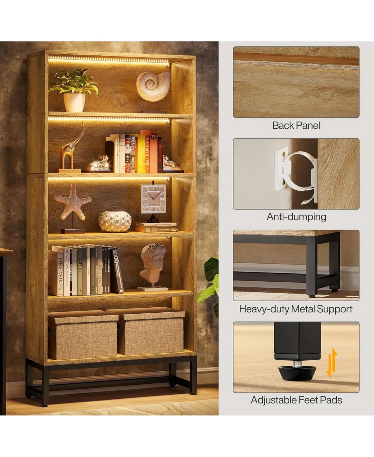 Rainsken Tall Bookcase, 5-Tier Bookshelf with App-Controlled Led Lighting, Closed Back Design and Adjustable Feet for Home Office, Living Room