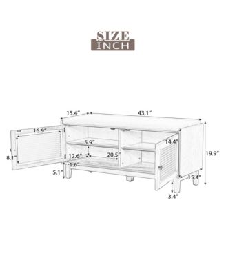 Rattan Shoe Storage Bench, Wooden Shoe Organizer with Cushion, 2 Doors, 2-Tier Shoe Rack and Adjustable Shelves for Entryway, Hallway