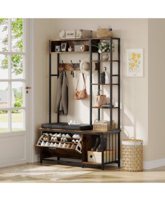 Hall Tree Coat Rack - Flip-top Shoe Cabinet, 5 Storage Compartments, Cushioned Bench, 4 Hooks for Entryway, Hallway