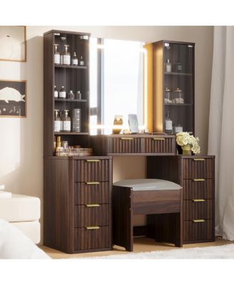 43.5" Fluted Makeup Vanity Desk w/ Mirror, Lights, 10 Drawers