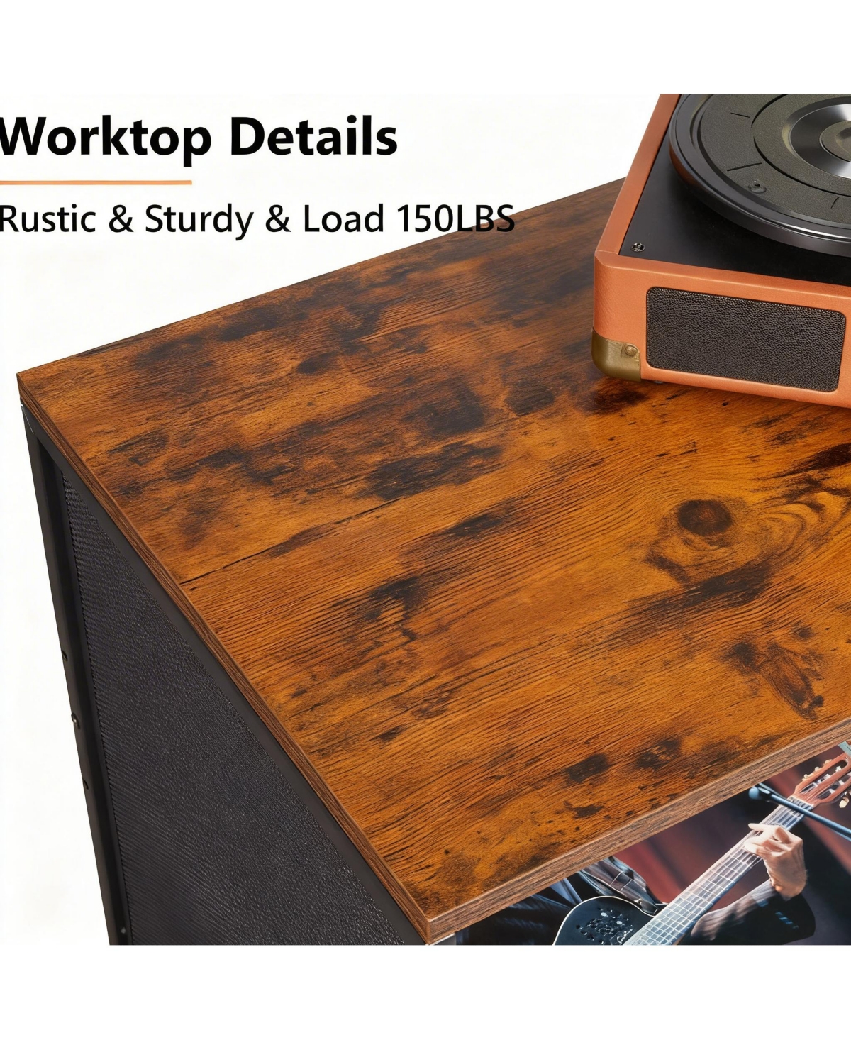 Yigii Rustic 6-Tier Media Cabinet with Adjustable Shelves and Record Holder