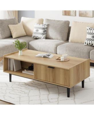 Coffee Table 42.5" Mid Century Modern Center Table with Drawer Fluted Living Room Table