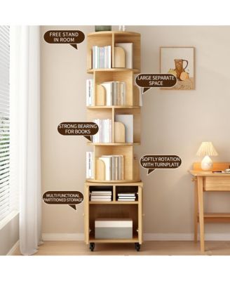 360° Rotating Bookshelf Tower, 5 Tier Wooden Display Bookcase with Wheels and Double Door Storage Cabinet