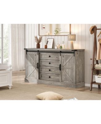 Farmhouse 4 Drawer Dresser for Bedroom, 59" Wood Dressers with Sliding Barn Doors, TV Stand with Large Drawers & Bar Handles