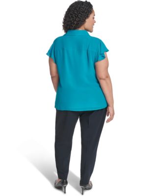 Plus Size Collared Neck Short-Sleeve Top