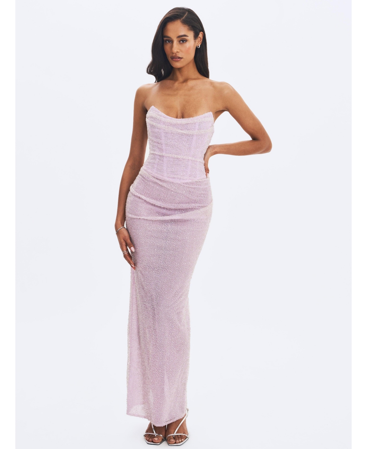 Miss Circle Women's Raylee Lilac Beaded Mesh Strapless Sheath Maxi Dress