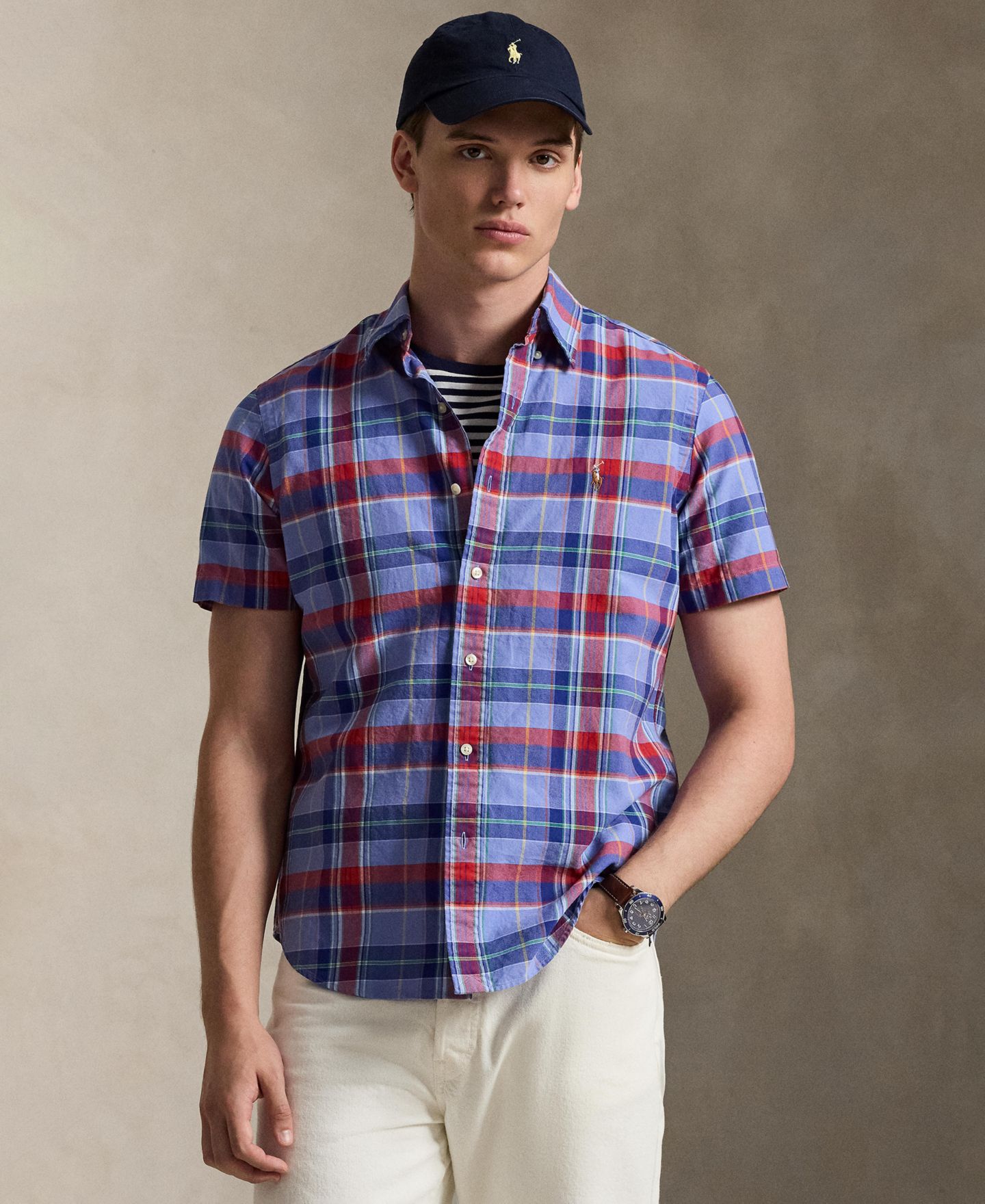 Мужская рубашка Polo Ralph Lauren Classic-Fit Short-Sleeve Oxford, цвет: Синий красный разноцветный — фото 1
