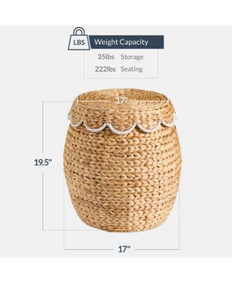 Scalloped Water Hyacinth Storage Tote Basket with Lid