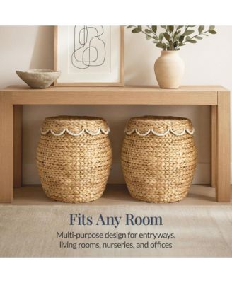 Scalloped Water Hyacinth Storage Tote Basket with Lid