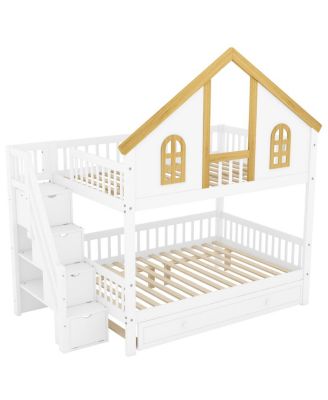 Streamdale Full Size Wooden House Roof Bunk Bed with Storage Staircase