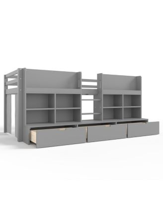 Twin XL Loft Bed w/ Multi-Storage Shelves, Curtain & Chalkboard