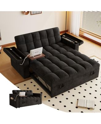 65-inch 3-in-1 foldable sofa bed with table, storage armrests, velvet finish