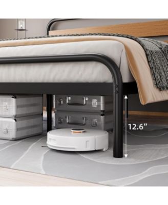 King Bed Frame with Wood Headboard, Mid-Century Modern Bed Frame, Metal Platform Bed Frame/No Box Spring Needed/Noise-Free