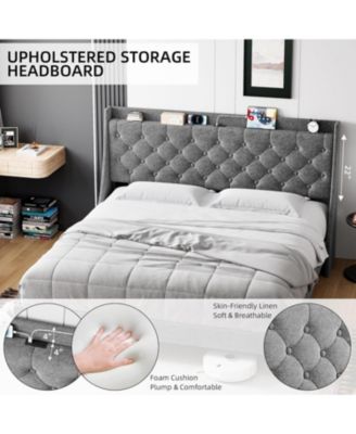 King Size Platform Bed Frame with Storage Headboard & USB Charging Station | Button Tufted Upholstery, Noise-Free Design